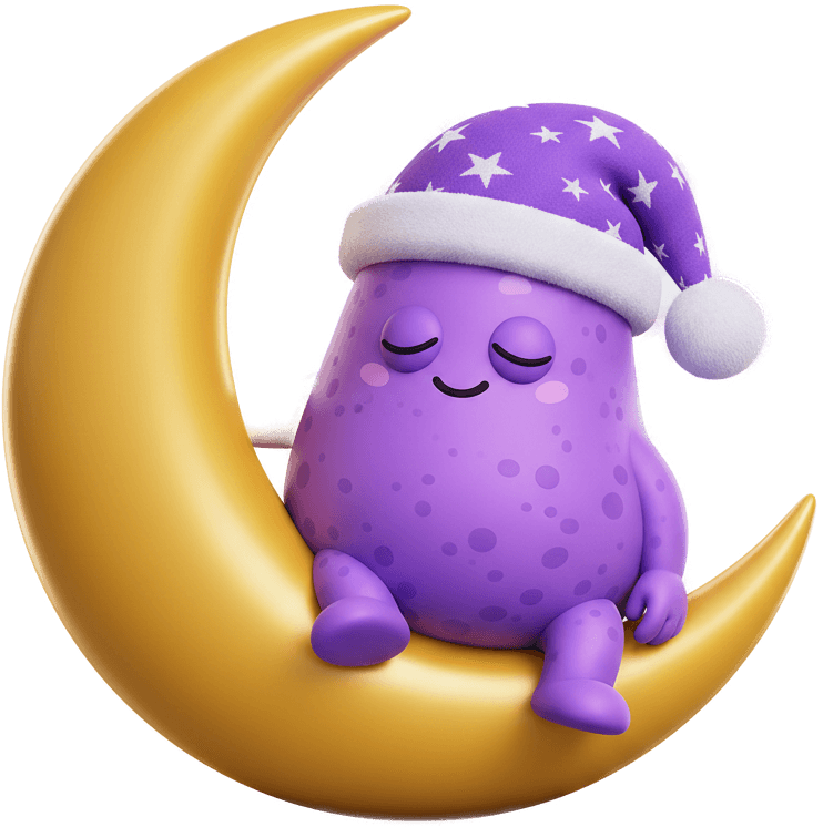 The Purple Potato fast asleep on a crescent moon